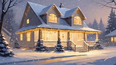 The primary subject of the image is a large, snow-covered house with a white exterior. The house is adorned with Christmas lights, creating a festive atmosphere. The setting is a snowy landscape, with the house being the main focus of the scene. The visual style of the image is a combination of photo and digital art, giving it a realistic yet artistic appearance. The colors and mood of the image are predominantly white and snowy, with the Christmas lights adding a touch of warmth and festivity